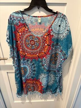 Women's Teal Bohemian Medallion Short Sleeve Swim Cover Up
